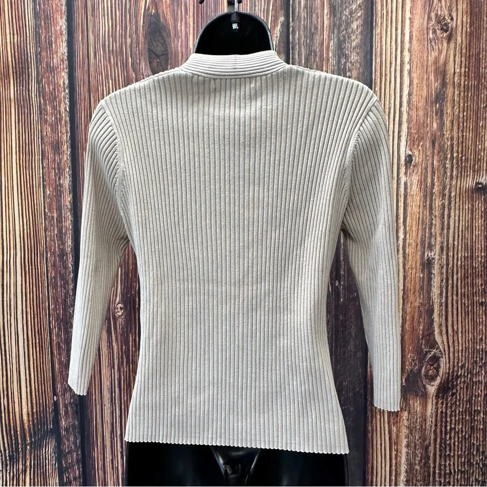 Viscose & Silk August‎ Silk Knits Latte Ribbed Crisscross Top 3/4 Sleeves Size L